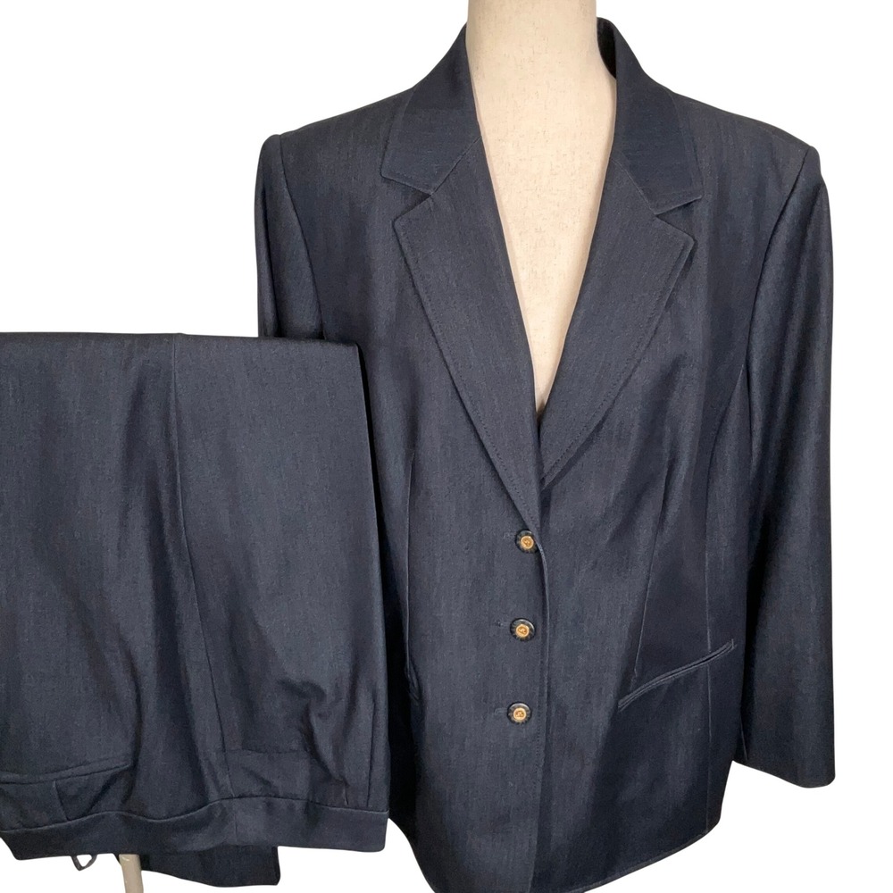 Tahari Pant Suit Women 16W Navy 3-Button Straight Leg